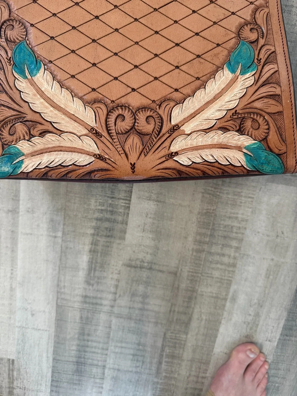Hand Tooled Leather Tote Bag Floral Feather Turquoise Western Shoulder Purse